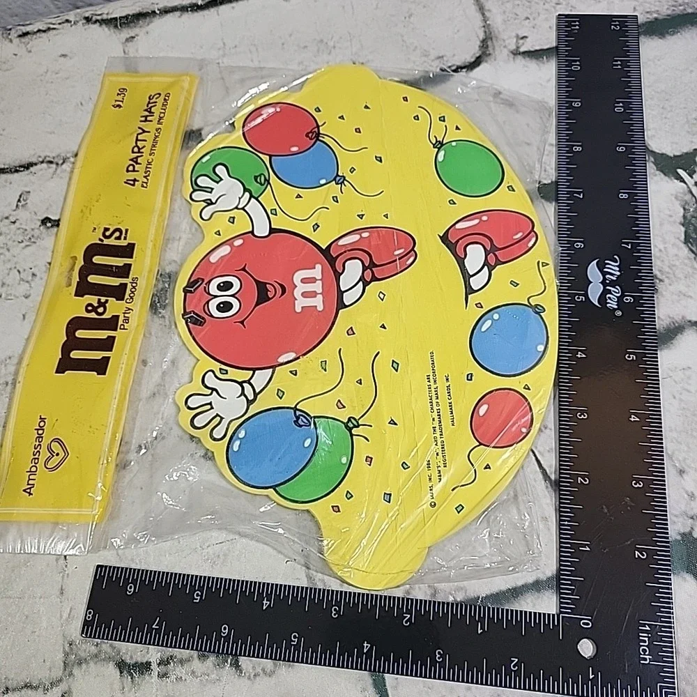 Vintage 80s M&Ms Party Hats Hallmark Ambassador Mars Candy Sealed 4pack NOS